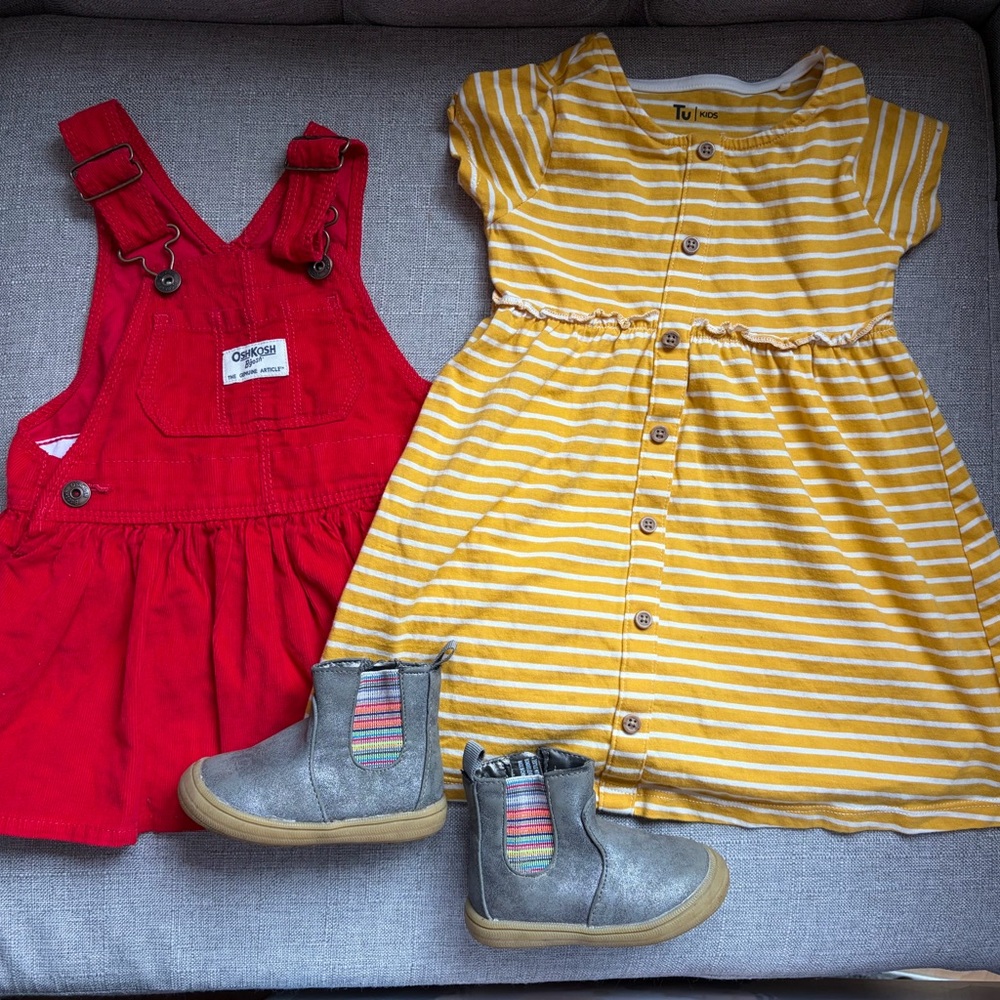 12mo girl dresses + boots size 4